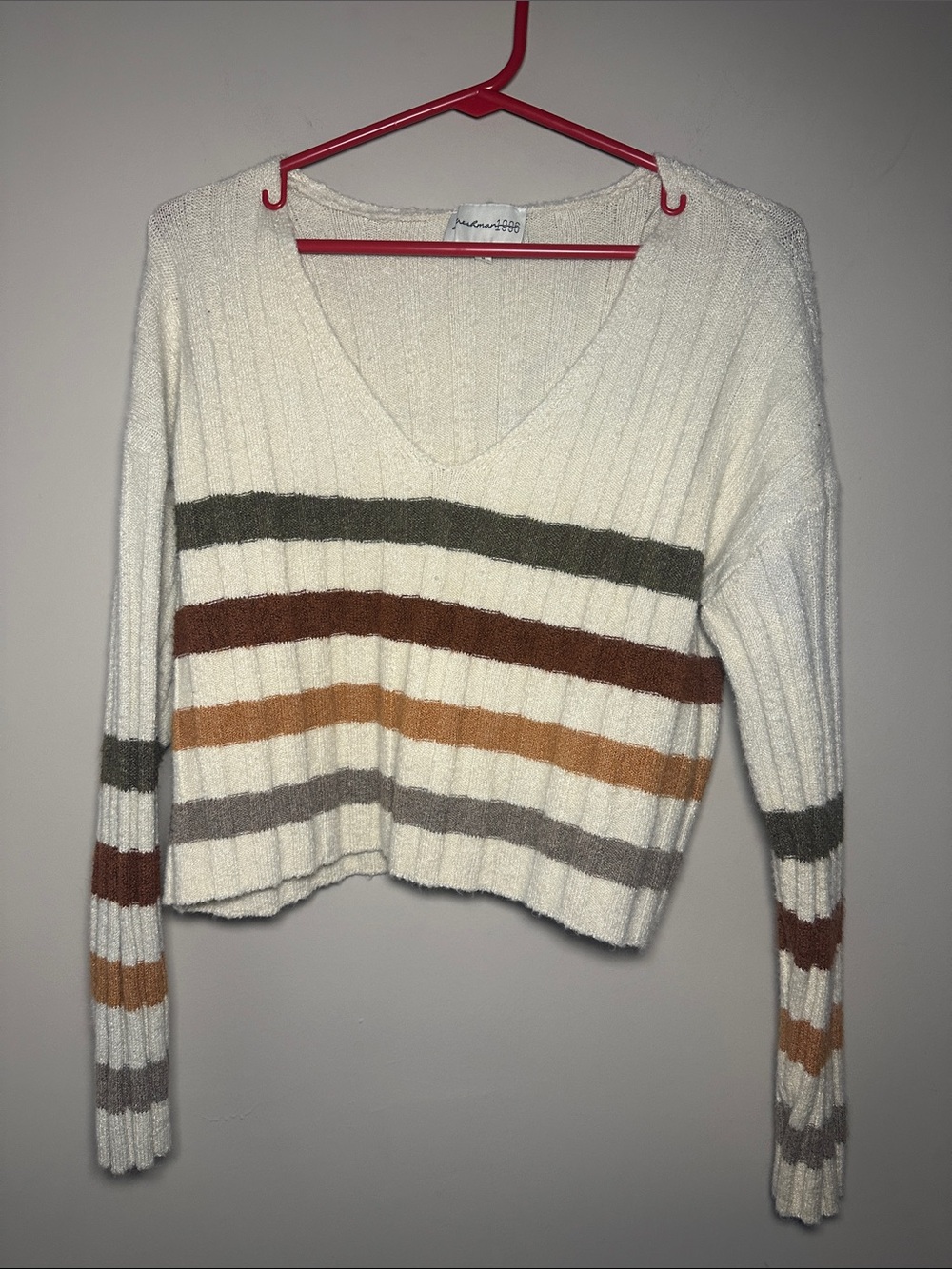 Freshman 1996 Cream Olive, Rust, Tan & Gray Stripes fall V-Neck Sweater